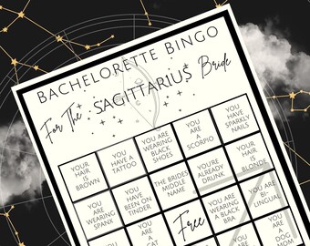 Boogschutter Bruid Bachelorette Bingo, Afdrukbare Astrologie Thema Bruidsspellen, Horoscoopspellen, Hemelse Bruidspellen, Instant Download