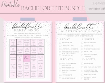 May include: Printable bachelorette party games bundle. Includes a bingo game and a "What's on your phone?" game. The games feature pink and white backgrounds with black text and confetti accents. Perfect for a bridal shower or bachelorette party.