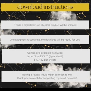 May include: Digital download instructions on a black background with a constellation design. Text includes: "This is a digital item, no physical product will be shipped." Games are available in 8.5 x 11 inch and 5 x 7 inch sizes.