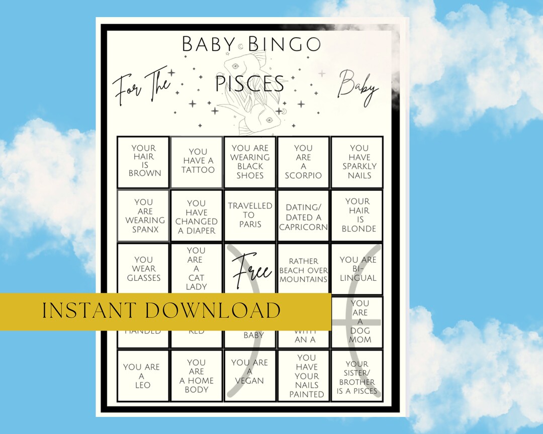 Pisces Printable Baby Shower Bingo, Zodiac Theme, Horoscope Games