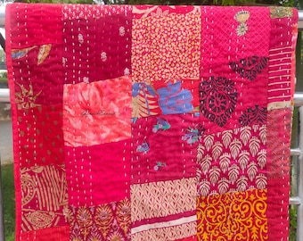 Red Patchwork Kantha Quilt: Bohemian Handmade Indian Throw