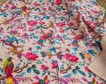 Boho Bird Print Kantha Quilt, Handmade Indian Cotton Bedspread