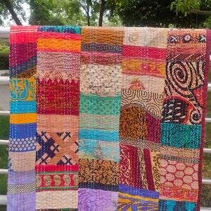 Indian Patchwork silk handmade kantha quilt, kantha blanket, sari blanket, throws, queen size blanket, bed spreade, bed sheets, rustic, boho