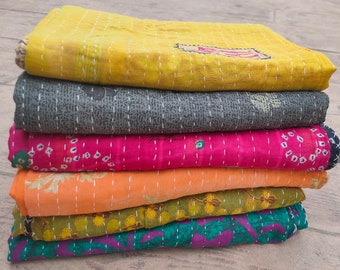 Vintage Kantha Quilt: Indian Cotton Bedcover, Twin Size