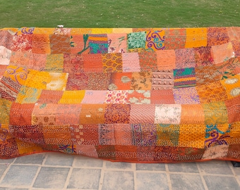 Bohemian Patchwork Kantha Quilt: Handmade Vintage Silk & Cotton