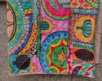 Handmade Kantha Quilt: Israeli Print Bohemian Cotton Bedspread