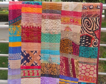 Bohemian Patchwork Quilt: Handmade Kantha Stitch Bedspread