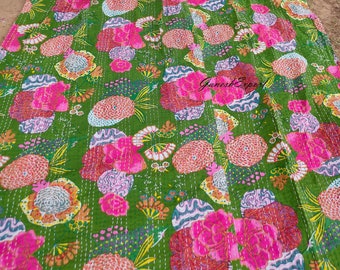 Handmade King Kantha Quilt: Reversible Fruit Print Cotton Bed Cover