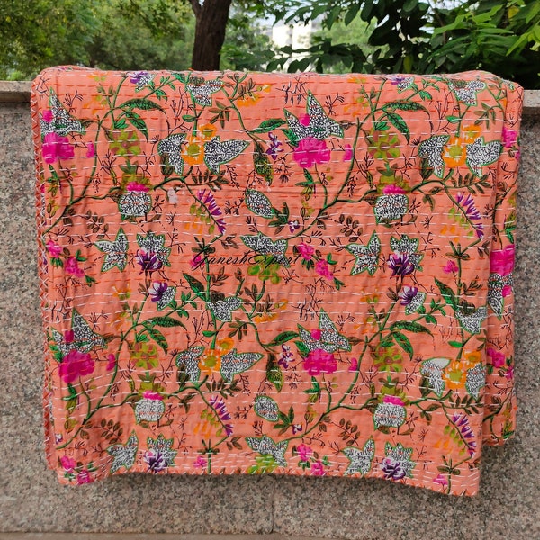 Boho Decor Beddengoed Indiase quilt Katoenen spreien Hippie Gestikte Sprei Boho Floral Paradise Bedcover Omkeerbare Queen Quilt