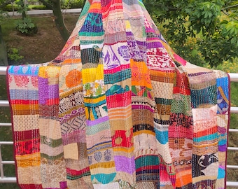 Handmade Silk Kantha Quilt, Boho Patchwork Bedspread