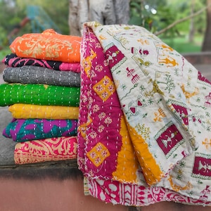 Cotton Vintage Kantha Throw Blankets & Quilts Reversible Bedding Bed Covers Quilted