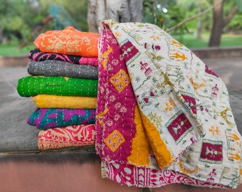 Cotton Vintage Kantha Throw Blankets & Quilts Reversible Bedding Bed Covers Quilted