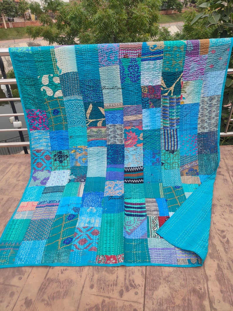 Boho Patchwork Quilt Kantha Quilt Handgefertigte Vintage Quilts Boho King Size Bettwäsche Überwurf Decke Tagesdecke Quilting Hippie Quilts zum Verkauf Turquoise