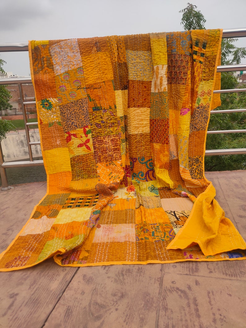 Boho Patchwork Quilt Kantha Quilt Handgefertigte Vintage Quilts Boho King Size Bettwäsche Überwurf Decke Tagesdecke Quilting Hippie Quilts zum Verkauf Yellow