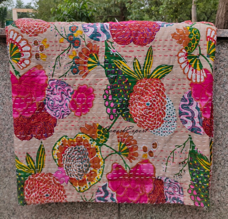 New Print Indian Kantha Quilt Handmade Kantha Bedcover Indian Kantha Bedspread Throw Cotton Blanket Gudari Kantha Quilt For Sale ,Gift