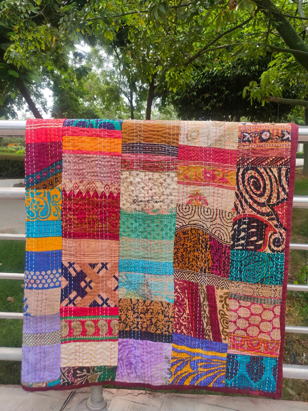 Indian Patchwork Silk Handmade Kantha Quilt Kantha Blanket Sari Blanket Throws Queen Size Blanket Bed Spreade Bed Sheets Rustic Boho Etsy