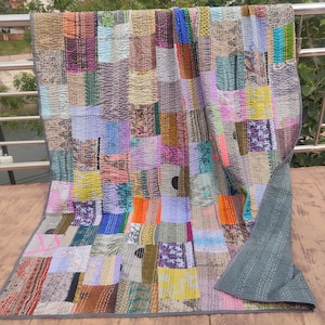 Bohemian Patchwork Quilt Kantha Quilt Handmade Vintage Quilts Boho Twin Size Bedding Throw Blanket Bedspread Quilted Hippie 90X60 Inch Gray