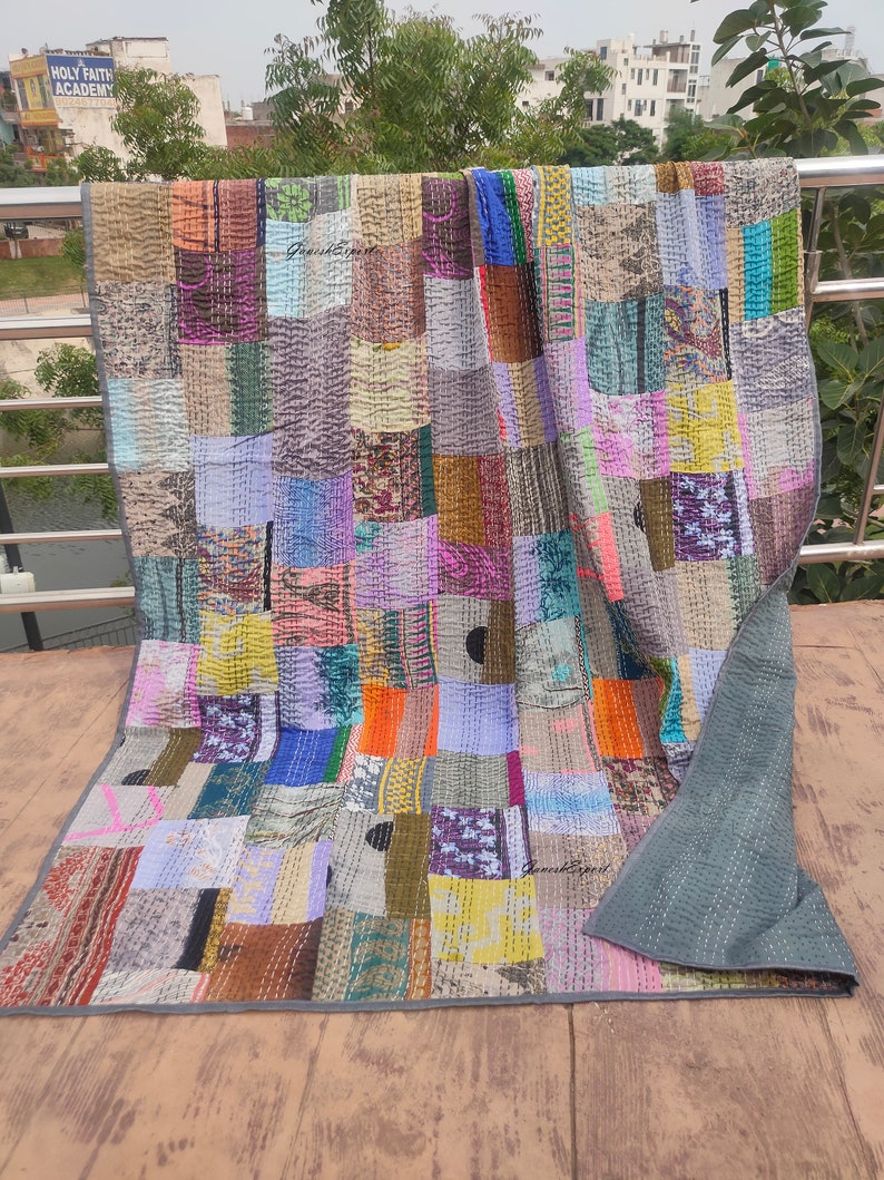 Bohemian Patchwork Quilt Kantha Quilt Handmade Vintage Quilts Boho Twin Size Bedding Throw Blanket Bedspread Quilted Hippie 90X60 Inch Gray