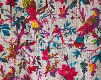 Handmade Bird Print Kantha Quilt, Bohemian Cotton Bedspread
