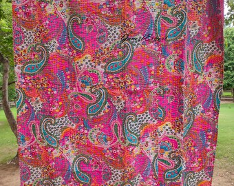 Handmade Paisley Kantha Quilt: Bohemian Cotton Bedspread