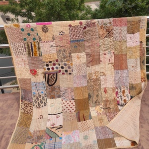 Bohemian Patchwork Quilt Kantha Quilt Handmade Vintage Quilts Boho Twin Size Bedding Throw Blanket Bedspread Quilted Hippie 90X60 Inch Beige