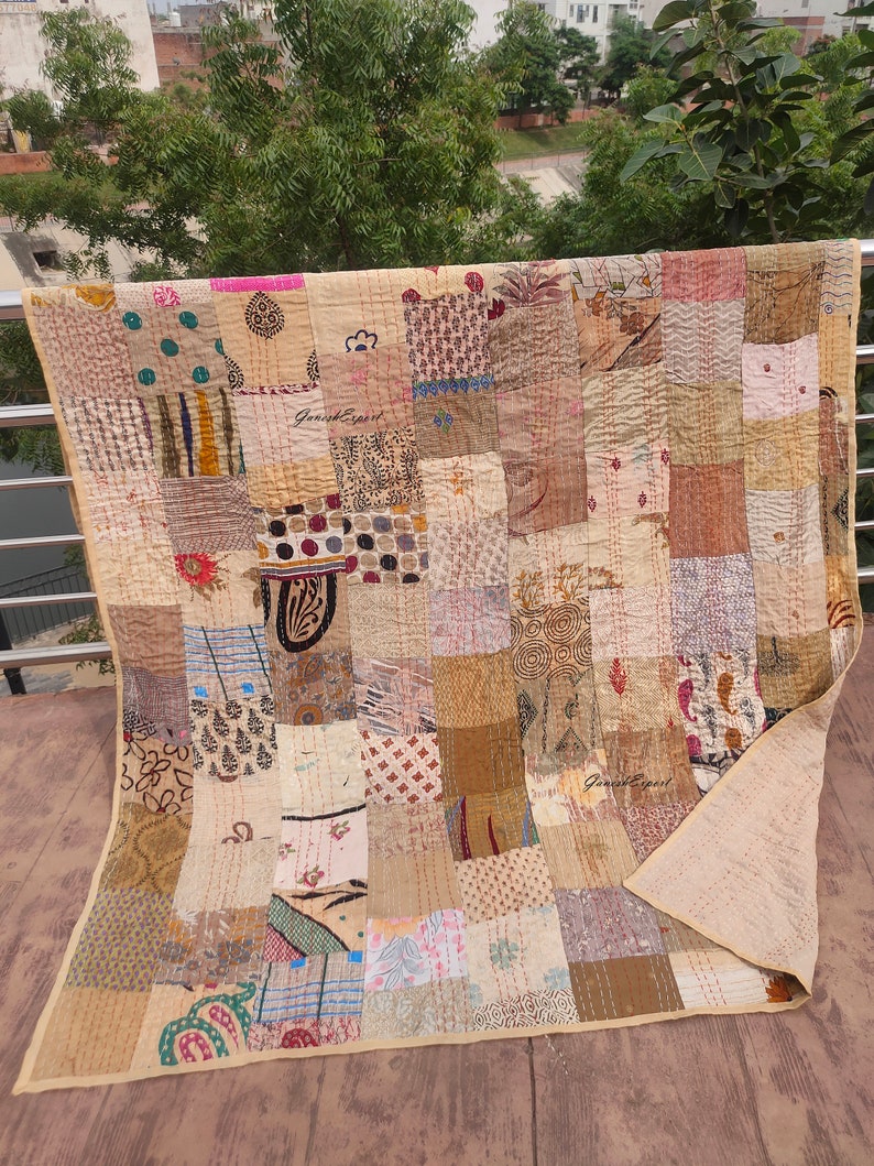 Bohemian Patchwork Quilt Kantha Quilt Handmade Vintage Quilts Boho Twin Size Bedding Throw Blanket Bedspread Quilted Hippie 90X60 Inch Beige