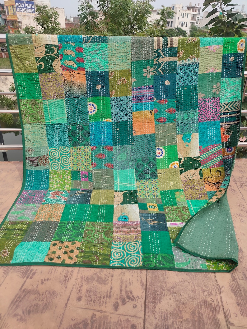 Boho Patchwork Quilt Kantha Quilt Handgefertigte Vintage Quilts Boho King Size Bettwäsche Überwurf Decke Tagesdecke Quilting Hippie Quilts zum Verkauf Green