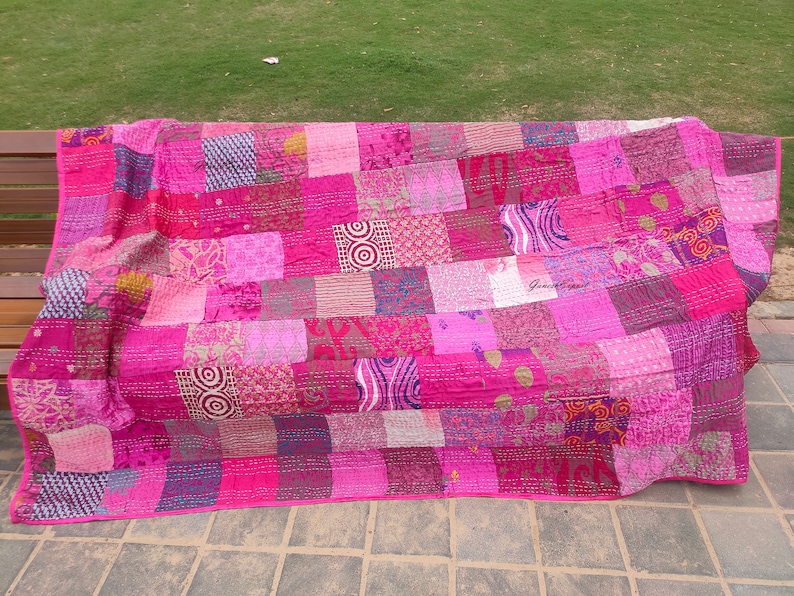 Bohemian Patchwork Quilt Kantha Quilt Handmade Vintage Quilts Boho King Size Bedding Throw Blanket Bedspread Quilting Hippie Quilts For Sale Pink