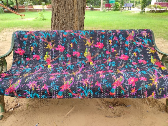 Vintage Kantha Quilt Handmade Bird Print Bedcover Cotton Blanket Bedspread Throw Gudri Bohemian Quilt