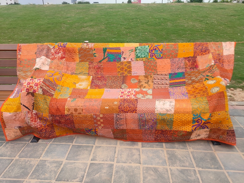 Bohemian Patchwork Quilt Kantha Quilt Handmade Vintage Quilts Boho King Size Bedding Throw Blanket Bedspread Quilting Hippie Quilts For Sale Orange