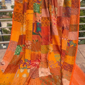 Bohemian Patchwork Quilt Kantha Quilt Handmade Vintage Quilts Boho Twin Size Bedding Throw Blanket Bedspread Quilted Hippie 90X60 Inch Orange