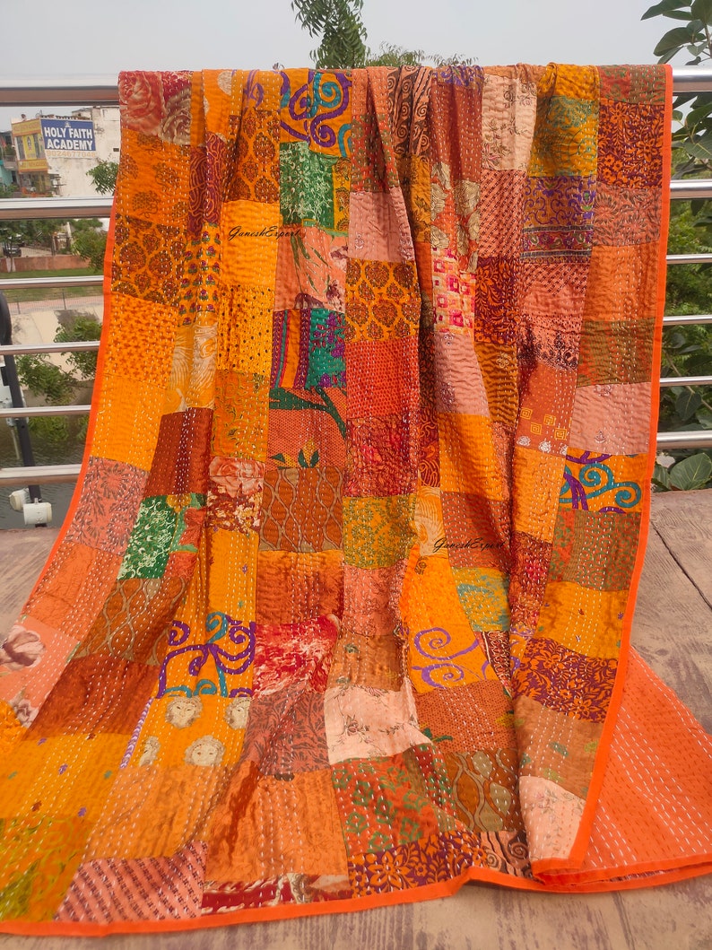 Bohemian Patchwork Quilt Kantha Quilt Handmade Vintage Quilts Boho Twin Size Bedding Throw Blanket Bedspread Quilted Hippie 90X60 Inch Orange