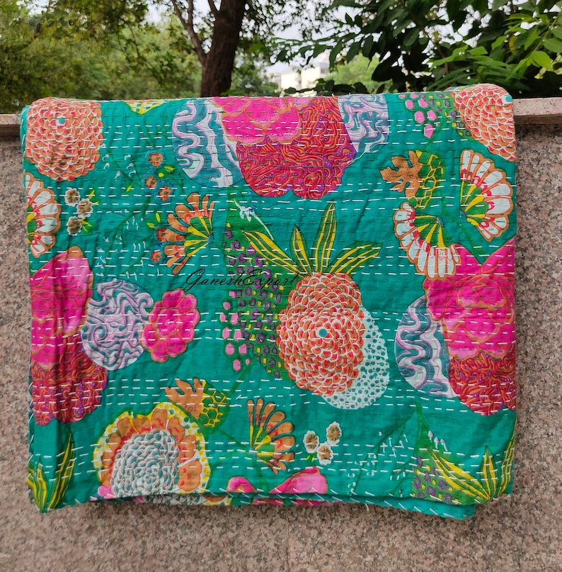 Nouvelle impression couette Kantha indienne fait main Couvre-lit Kantha indien Couvre-lit indien Kantha Couverture en coton Couette Gudari Kantha à vendre, cadeau Rama Green