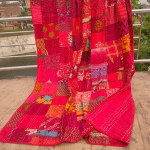 Bohemian Patchwork Quilt Kantha Quilt Handmade Vintage Quilts Boho Twin Size Bedding Throw Blanket Bedspread Quilted Hippie 90X60 Inch Red