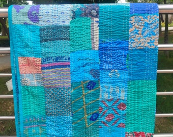 Handmade Kantha Quilt: Patchwork Cotton & Silk Bedspread