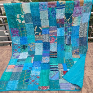 Bohemian Patchwork Quilt Kantha Quilt Handmade Vintage Quilts Queen size Bedding Throw Blanket Bedspread Quilting Hippie Quilts For Sale Turquoise