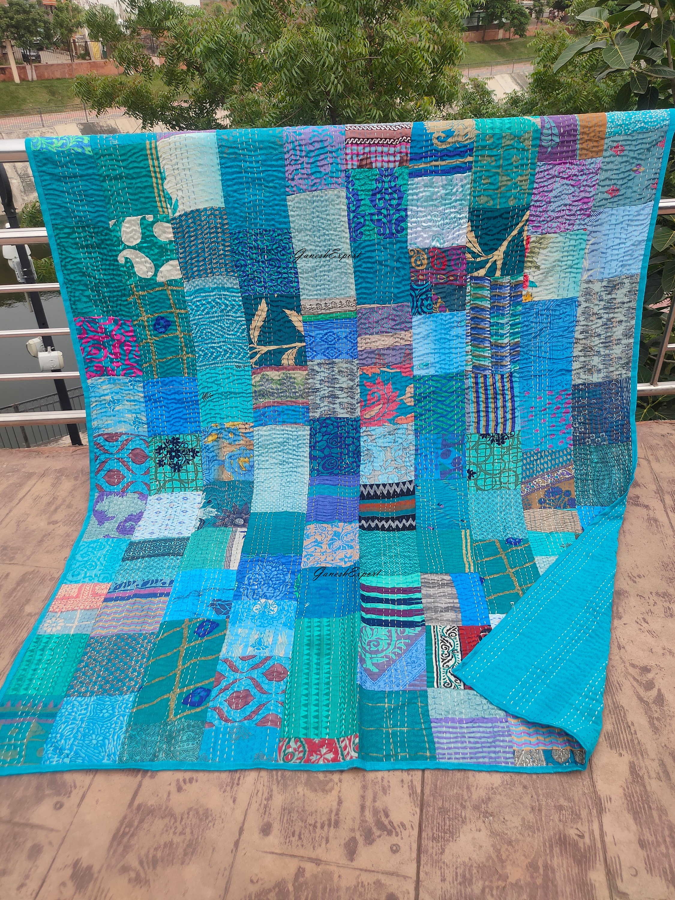 Sophia-Art Twin/Queen Multicolor Handmade Mukut Print Kantha Quilt Kantha Blanket Bed Cover King Kantha Bedspread Bohemian Bedding（並行輸入品） Patchwork Quilt Sophia-Art Twin⁄Queen Multi Color Handmade Mukut