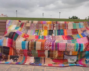 Colorful Patchwork Kantha Quilt: Vintage Bohemian Throw Blanket