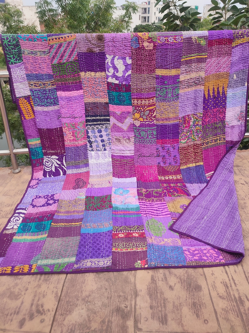 Bohemian Patchwork Quilt Kantha Quilt Handmade Vintage Quilts Queen size Bedding Throw Blanket Bedspread Quilting Hippie Quilts For Sale Purple