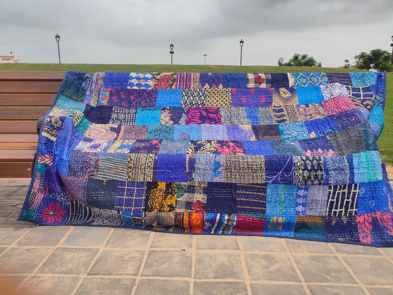 Bohemian Patchwork Quilt Kantha Quilt Handmade Vintage Quilts Boho King Size Bedding Throw Blanket Bedspread Quilting Hippie Quilts For Sale Blue