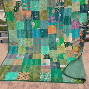 Bohemian Patchwork Quilt Kantha Quilt Handmade Vintage Quilts Boho Twin Size Bedding Throw Blanket Bedspread Quilted Hippie 90X60 Inch Green