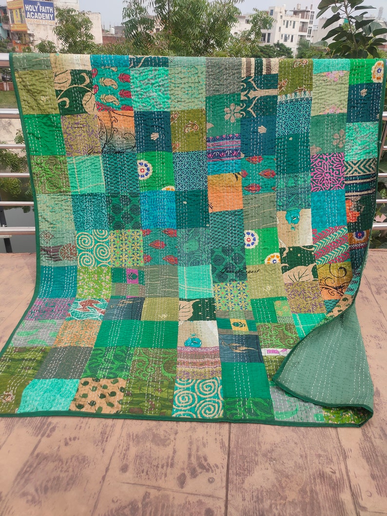 Bohemian Patchwork Quilt Kantha Quilt Handmade Vintage Quilts Boho Twin Size Bedding Throw Blanket Bedspread Quilted Hippie 90X60 Inch Green