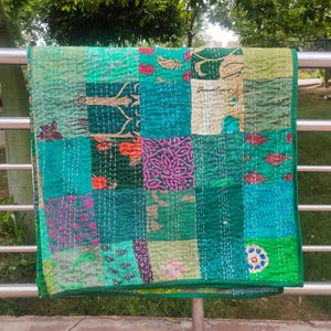 Silk patchwork quilt kantha bedspread handmade cotton coverlet