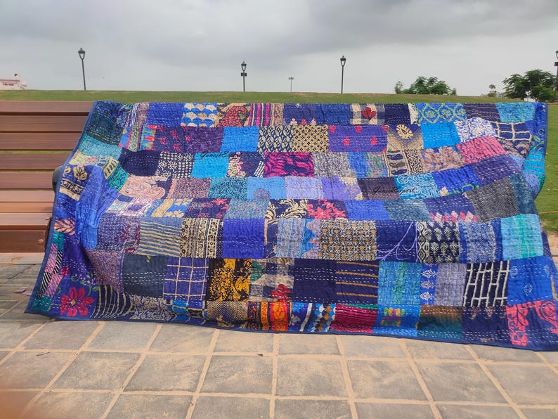Bohemian Patchwork Kantha Quilt: Handmade Vintage Silk & Cotton image 13