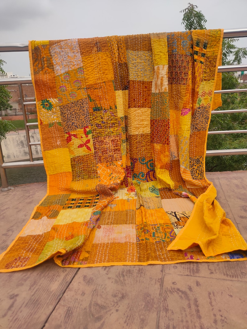 Colcha de retazos bohemia, colcha Kantha hecha a mano, colchas vintage bohemias, tamaño doble, manta, colcha acolchada hippie de 89.8 x 59.8 in Yellow