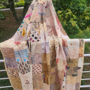 Couverture Patchwork Kantha Indien Vintage - Brodée Main, Coton, Style Gudari Beige