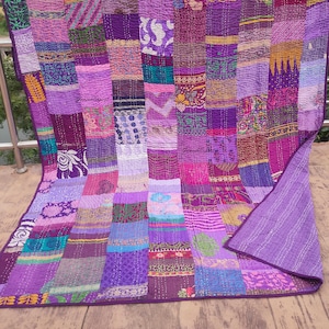 Bohemian Patchwork Quilt Kantha Quilt Handmade Vintage Quilts Boho Twin Size Bedding Throw Blanket Bedspread Quilted Hippie 90X60 Inch Purple