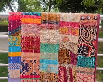 Boho patchworkowa narzuta Kantha, ręcznie robiony pled vintage
