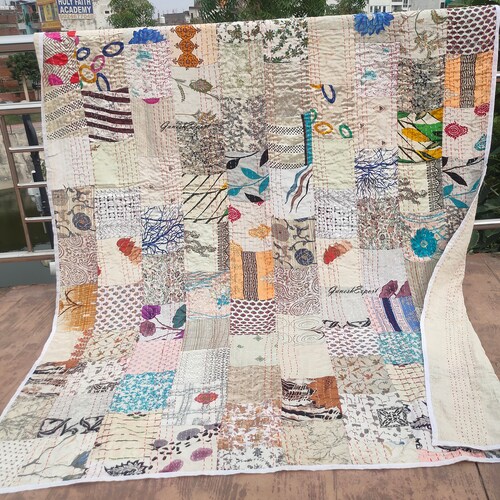 Colcha Kantha de patchwork estilo boho: Colcha individual vintage hecha a mano (90 x 60 pulgadas)