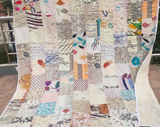 Boho Patchwork Kantha Quilt: Handmade Vintage Twin Bedspread (90X60 Inch)